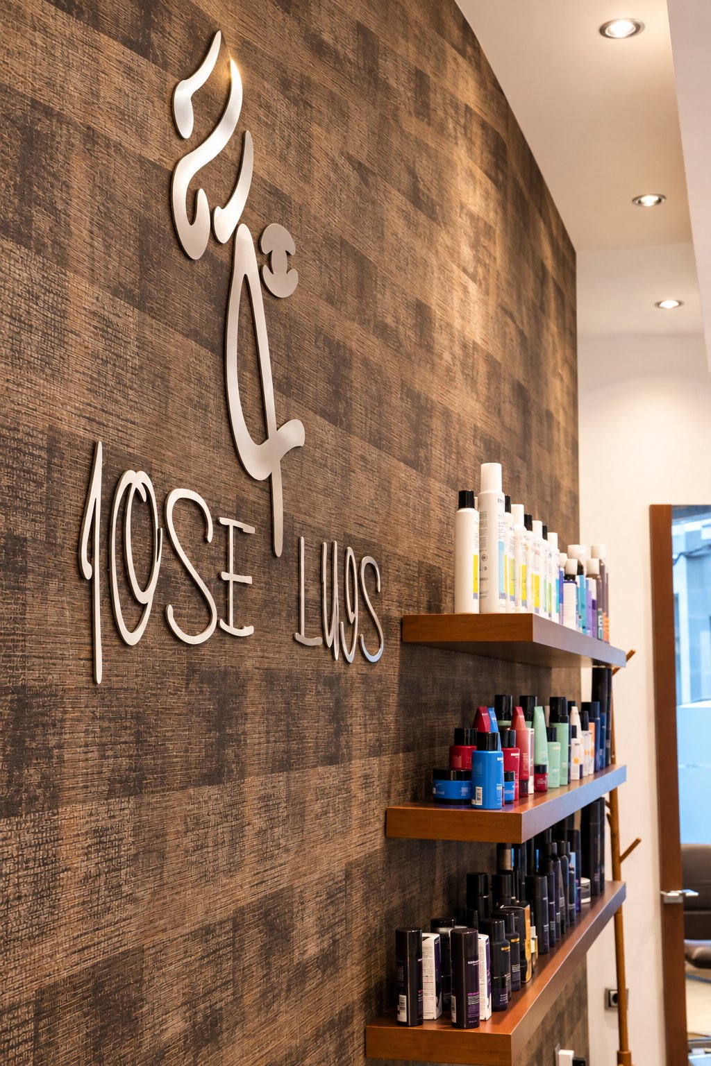 Logotipo Jose Luis y estantes de productos en la tienda del salón